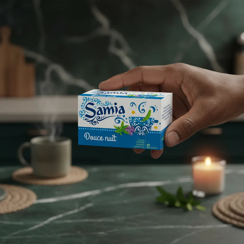 Main tenant une boîte d'infusion douce nuit SAMIA dans une ambiance cosy avec bougie et tasse fumante, idéale pour le rituel du soir.