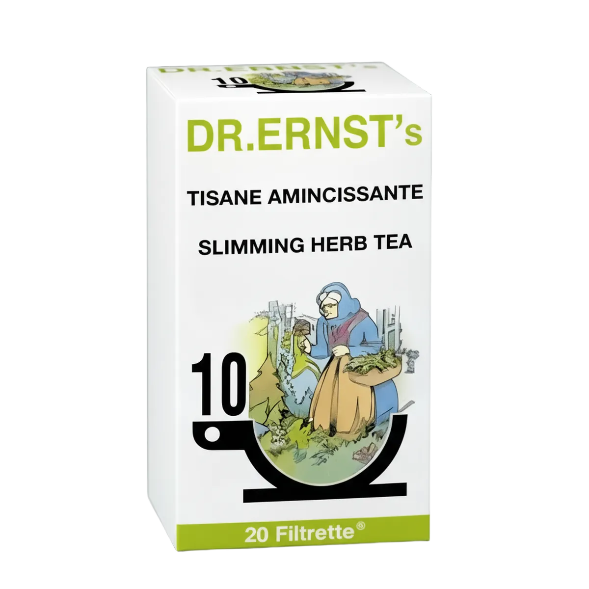 Boîte de Tisane Amincissante DR ERNST Bio avec illustration de plantes médicinales, idéale pour la perte de poids naturelle au quotidien.