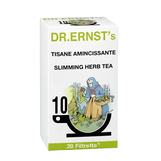 Boîte de Tisane Amincissante DR ERNST Bio avec illustration de plantes médicinales, idéale pour la perte de poids naturelle au quotidien.