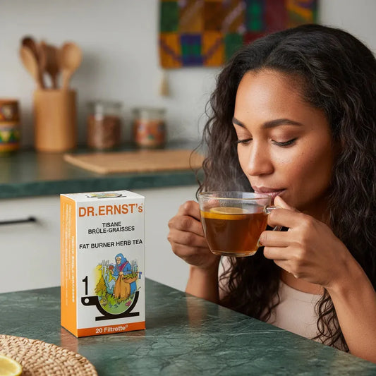 Femme dégustant une tisane brûle-graisses DR ERNST'S, infusion bien-être pour soutenir la perte de poids naturellement au quotidien.