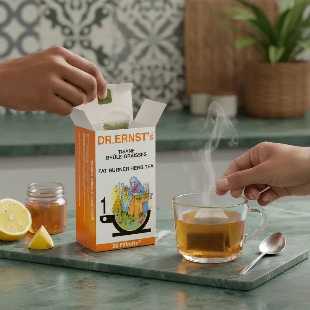 Préparation d'une tisane brûle-graisses DR ERNST'S avec sachet infusé dans une tasse, idéale pour la perte de poids et le bien-être quotidien.