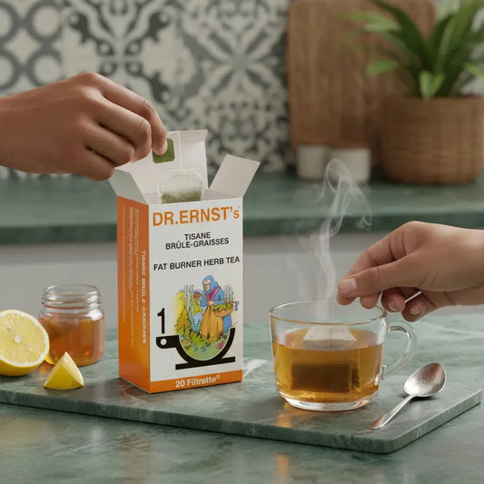 Préparation d'une tisane brûle-graisses DR ERNST'S avec sachet infusé dans une tasse, idéale pour la perte de poids et le bien-être quotidien.