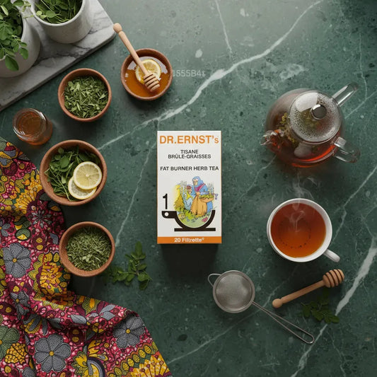 Tisane brûle-graisses DR ERNST'S entourée d'ingrédients naturels comme citron, miel et herbes, infusion bien-être pour la gestion du poids.