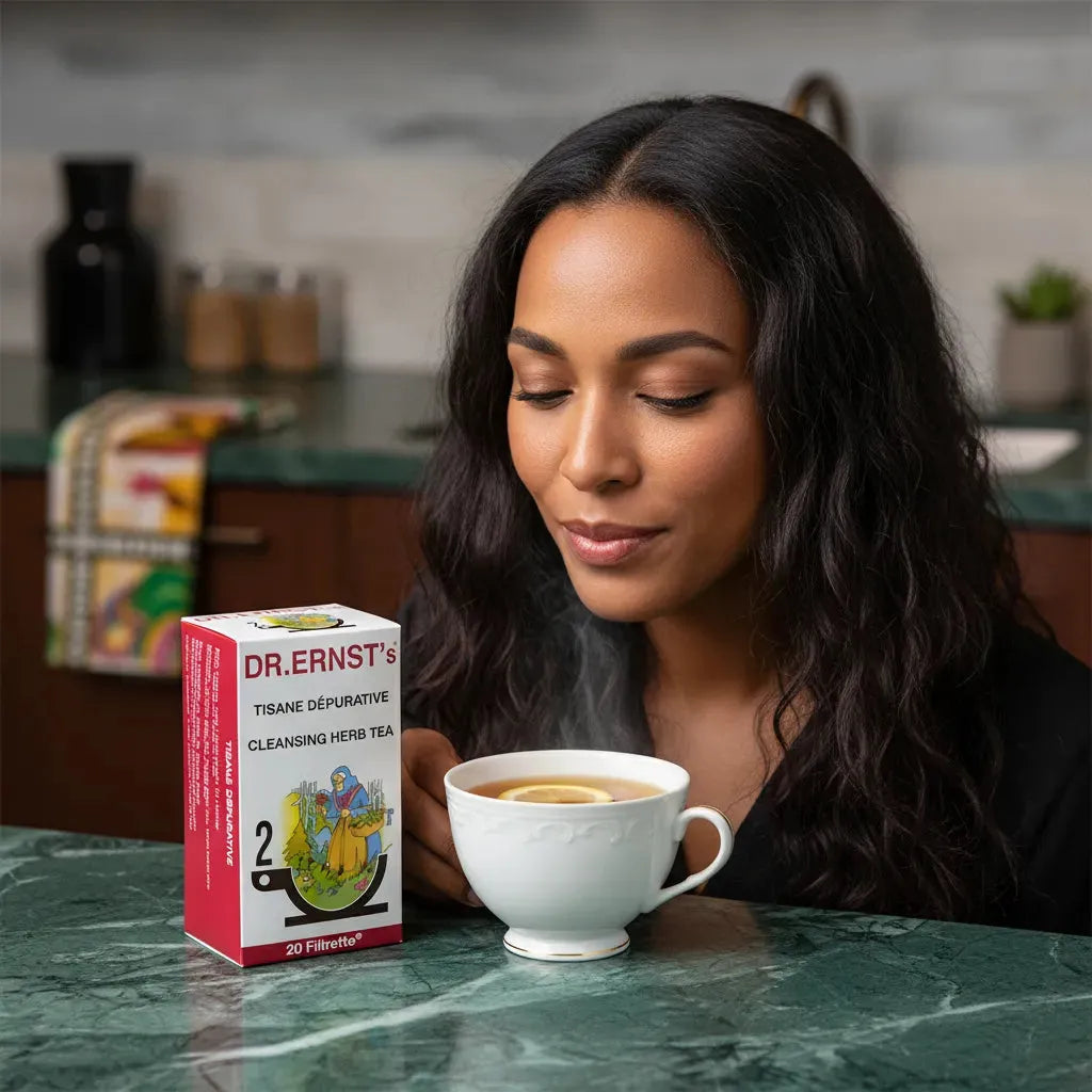 Femme dégustant une tasse de Tisane Dépurative DR ERNST'S, infusion naturelle aux plantes pour le bien-être et la purification du corps.