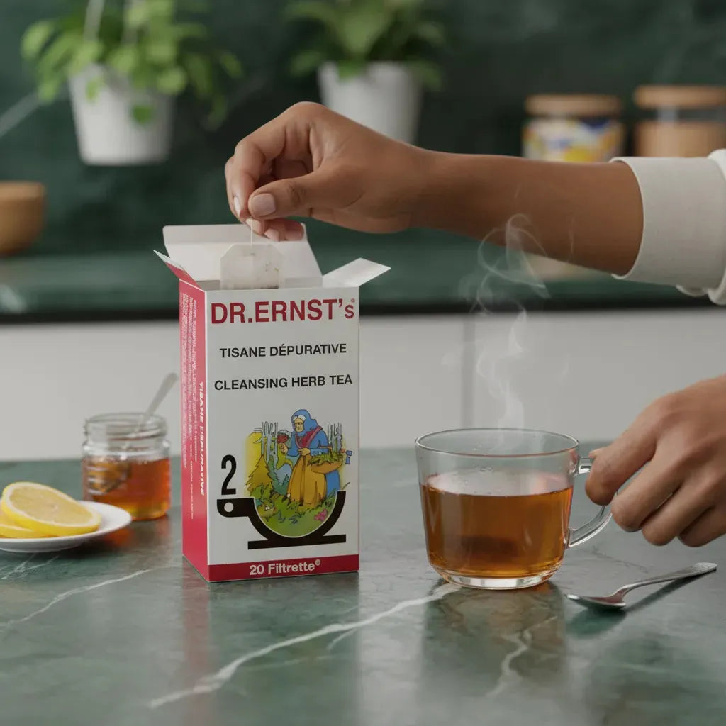 Préparation d'une infusion DR ERNST'S avec sachet dans tasse fumante, tisane dépurative idéale pour le bien-être et la détox quotidienne.