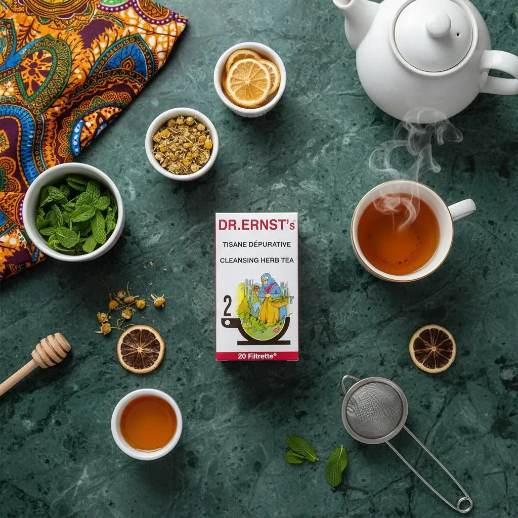 Tisane Dépurative DR ERNST'S entourée d'ingrédients naturels comme la menthe et la camomille, infusion bien-être aux plantes pour usage quotidien.