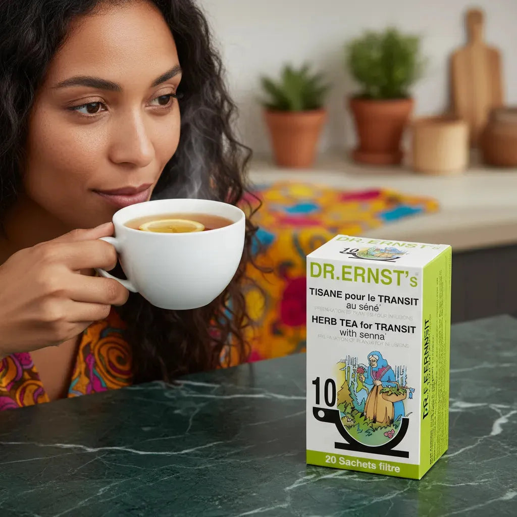 Femme dégustant une tasse de Tisane Transit DR ERNST'S, infusion au séné pour le confort digestif, posée sur une table de cuisine.