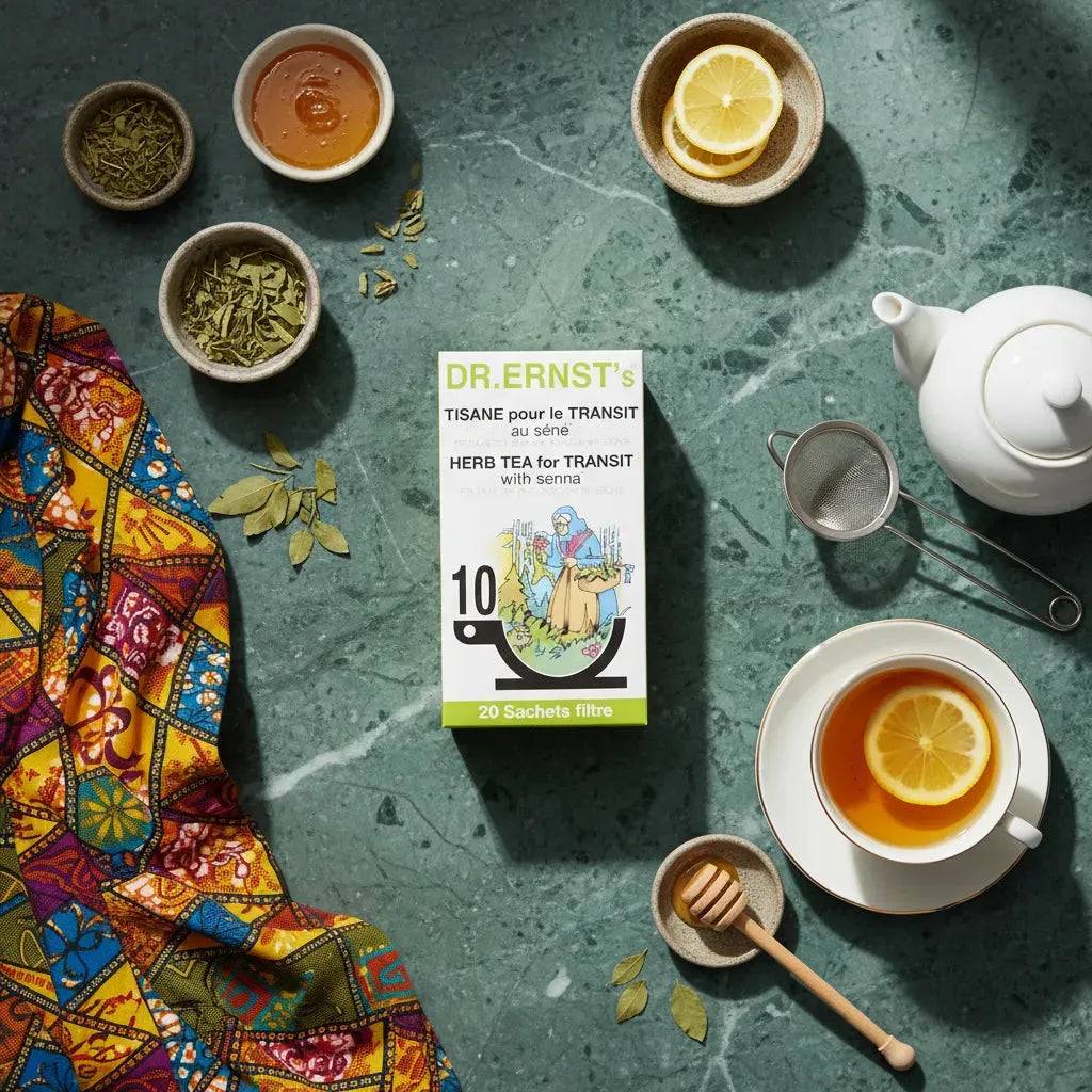 Tisane Transit DR ERNST'S posée sur une table en marbre avec théière, citron, miel et feuilles de thé, infusion bien-être digestif.