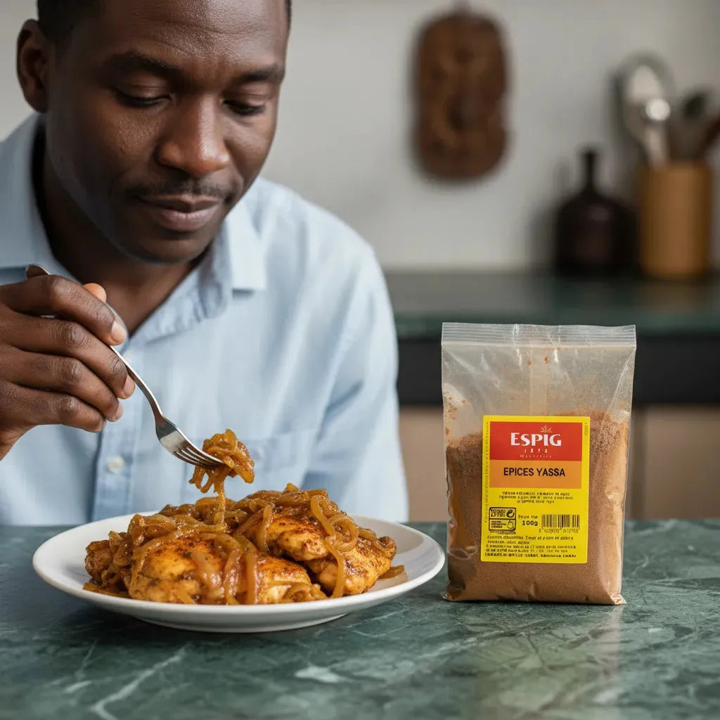 Homme dégustant un plat de poulet yassa préparé avec Épices Yassa ESPIG. Mélange d'épices pour cuisine africaine savoureuse.