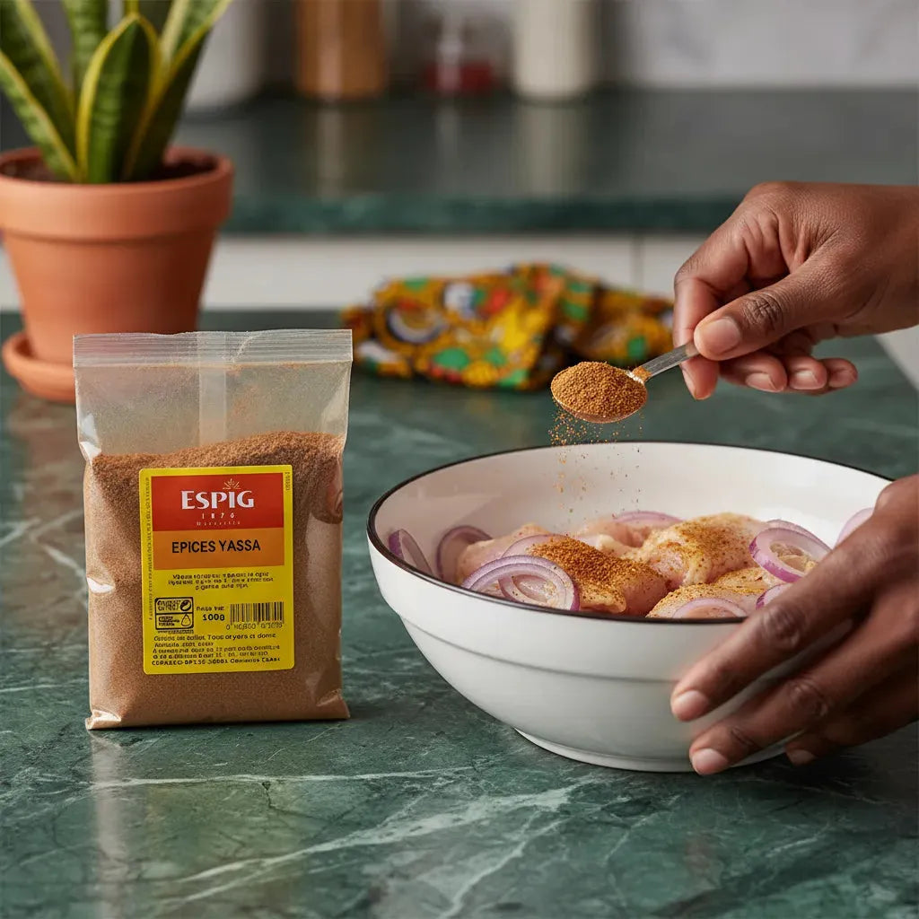 Main saupoudrant Épice Yassa ESPIG sur du poulet et des oignons dans un bol. Mélange d'épices parfait pour plats yassa maison.