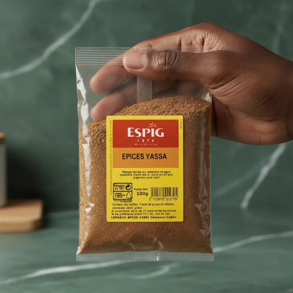 Main tenant un sachet d'Épices Yassa ESPIG de 100g, mélange aromatique pour plats yassa. Produit d'épicerie salée aux saveurs uniques.