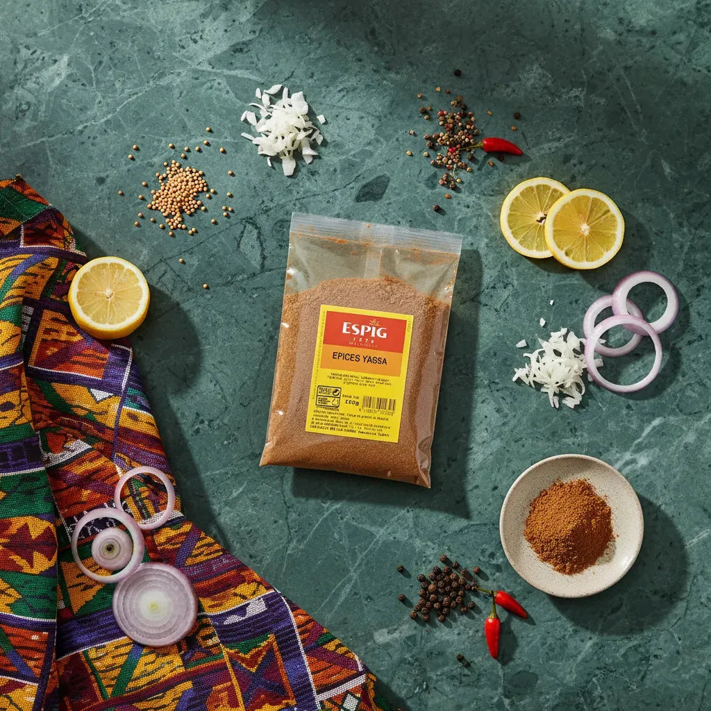 Épices Yassa ESPIG entourées d'ingrédients frais comme citron, oignons et piments sur fond vert. Saveurs authentiques pour recettes africaines.