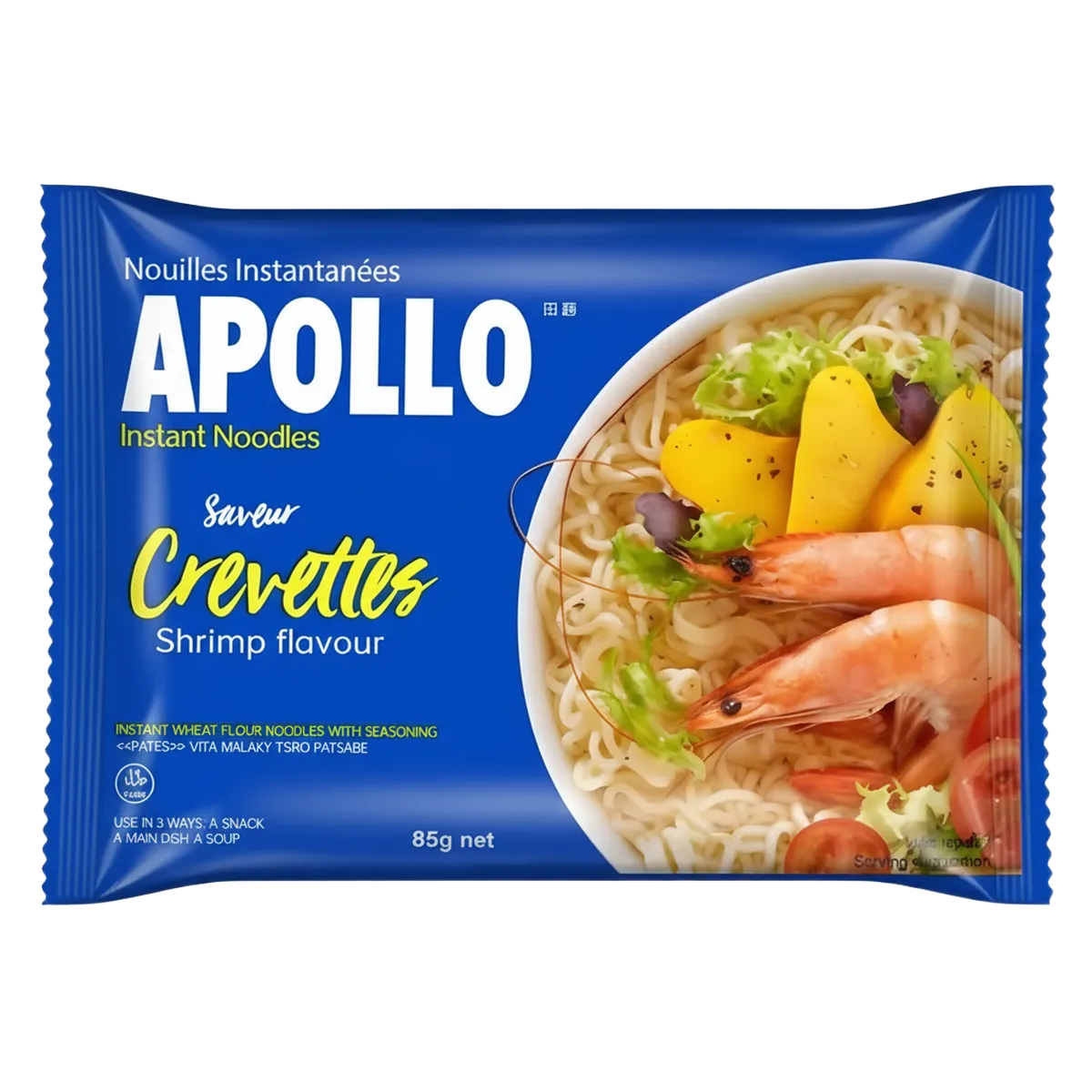 Nouilles crevette APOLLO - Saveur authentique avec crevettes entières et légumes, emballage 85g pour repas rapide et savoureux.
