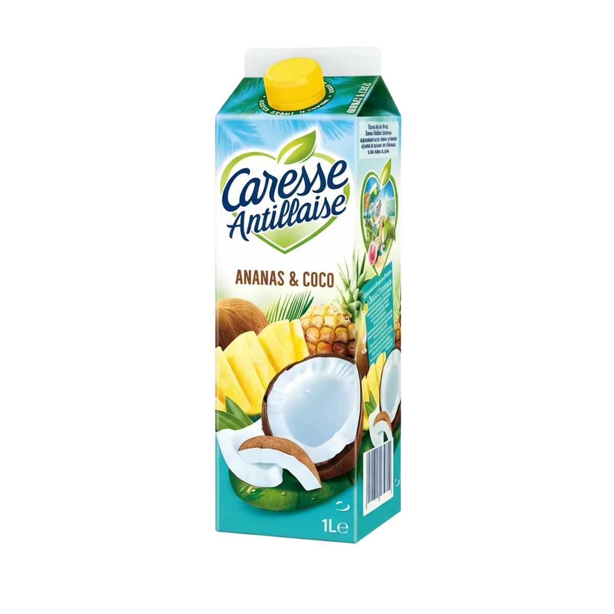 Brique de Nectar Ananas Coco Caresse Antillaise 1L avec visuel exotique d’ananas et noix de coco. Boisson tropicale rafraîchissante et fruitée.