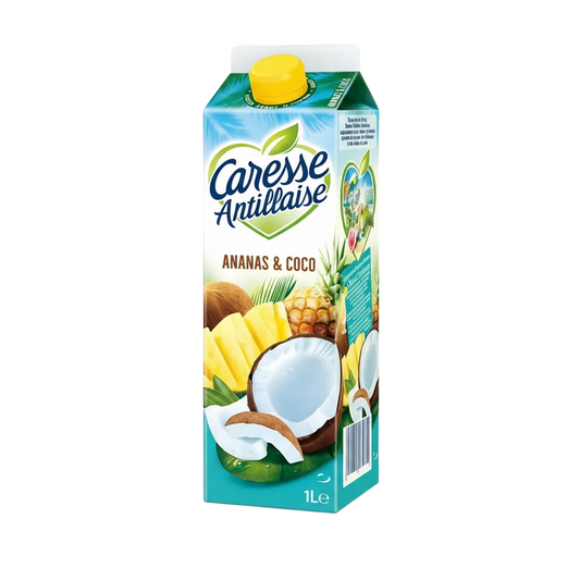 Brique de Nectar Ananas Coco Caresse Antillaise 1L avec visuel exotique d’ananas et noix de coco. Boisson tropicale rafraîchissante et fruitée.
