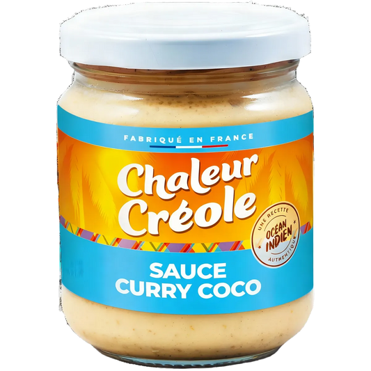 Pot de sauce curry coco CHALEUR CREOLE, crémeuse et exotique, étiquette colorée, catégorie épicerie salée, condiments et sauces au curry.
