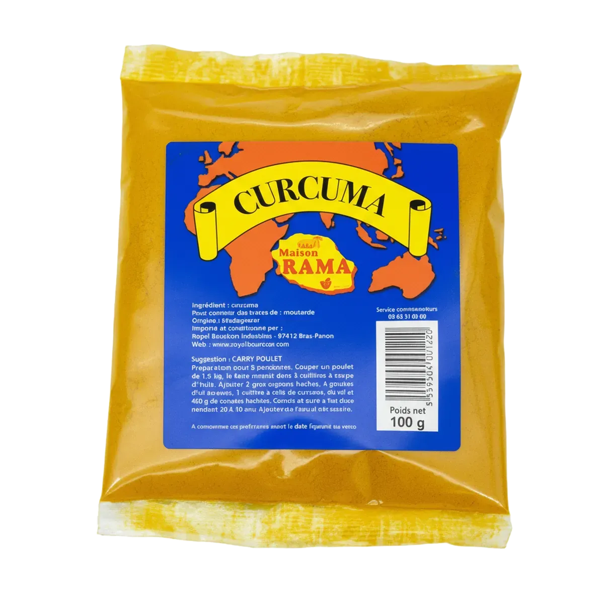 Curcuma Bourbon MAISON RAMA - Épice précieuse en sachet de 100g avec étiquette bleue, idéale pour relever vos plats avec une saveur unique.