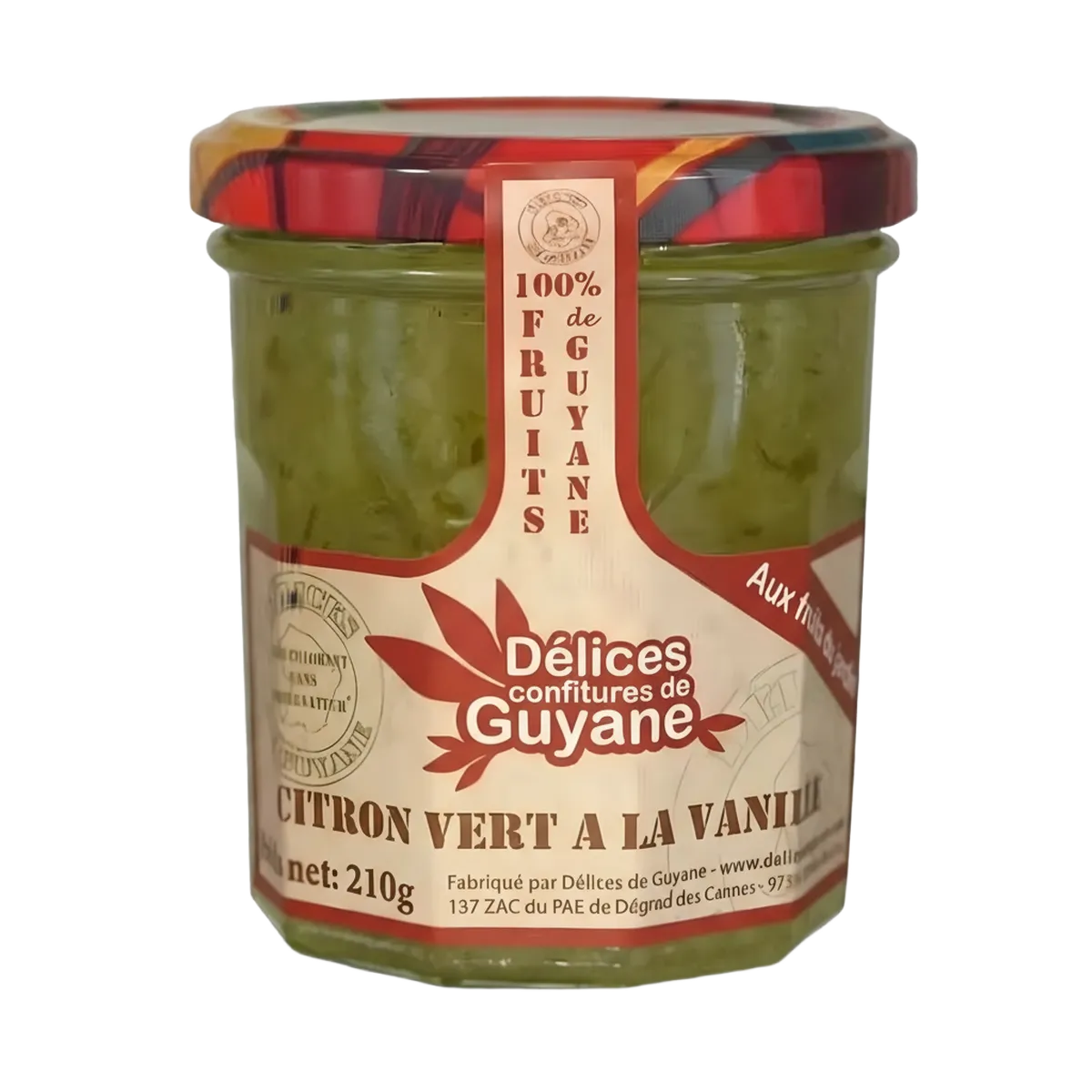 Confiture Citron Vert Vanille DÉLICES DE GUYANE en pot de 210g, étiquette artisanale aux couleurs rouges et dorées, 100% fruits.