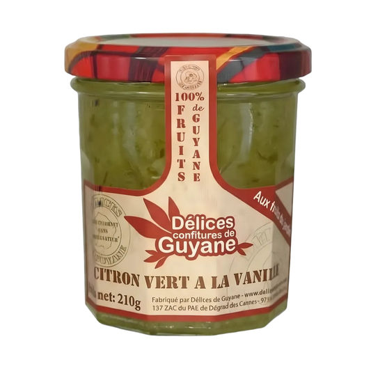 Confiture Citron Vert Vanille DÉLICES DE GUYANE en pot de 210g, étiquette artisanale aux couleurs rouges et dorées, 100% fruits.