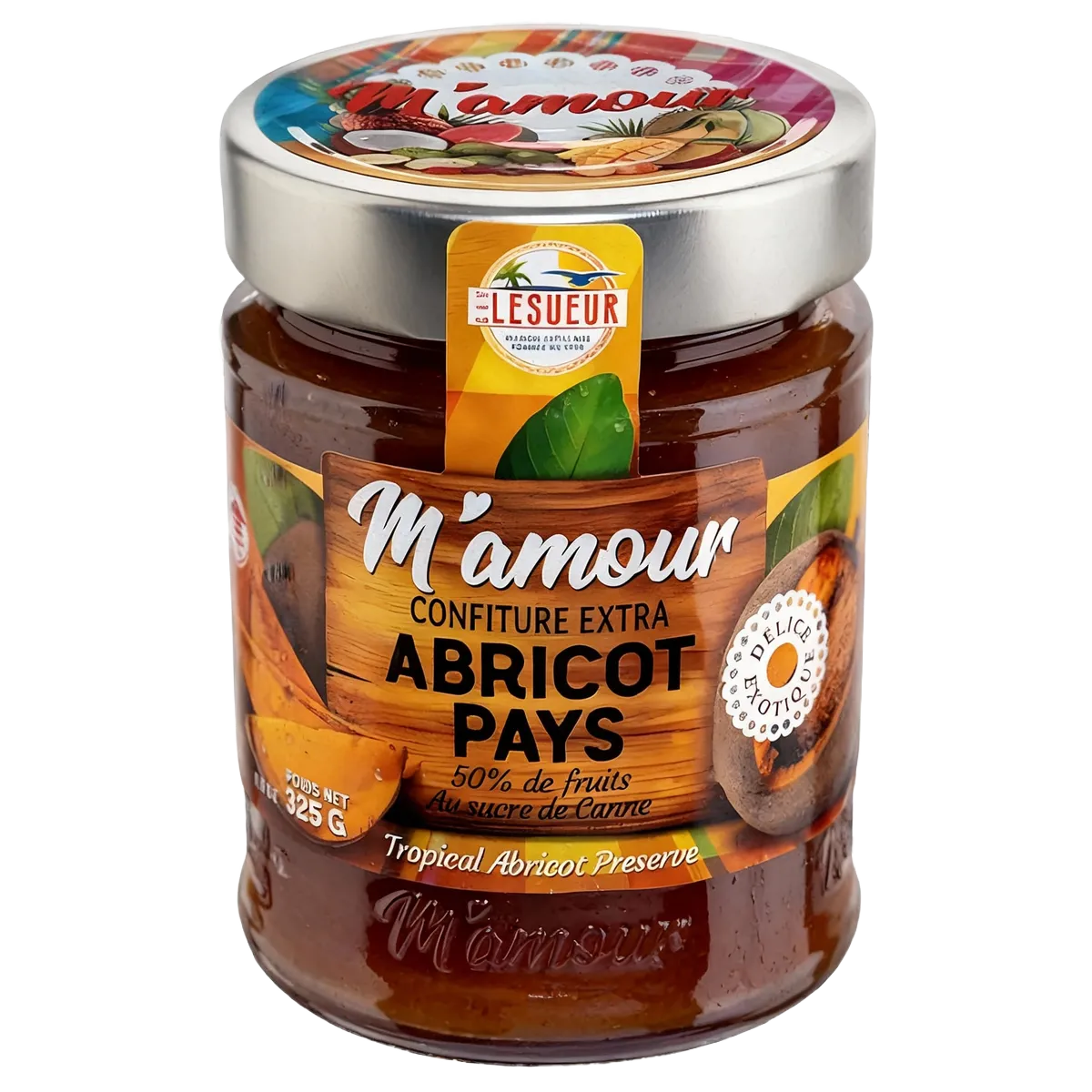 Pot de confiture d'abricot pays M'AMOUR 325g, étiquette colorée, 50% de fruits, idéal pour l'épicerie sucrée et les tartines gourmandes.