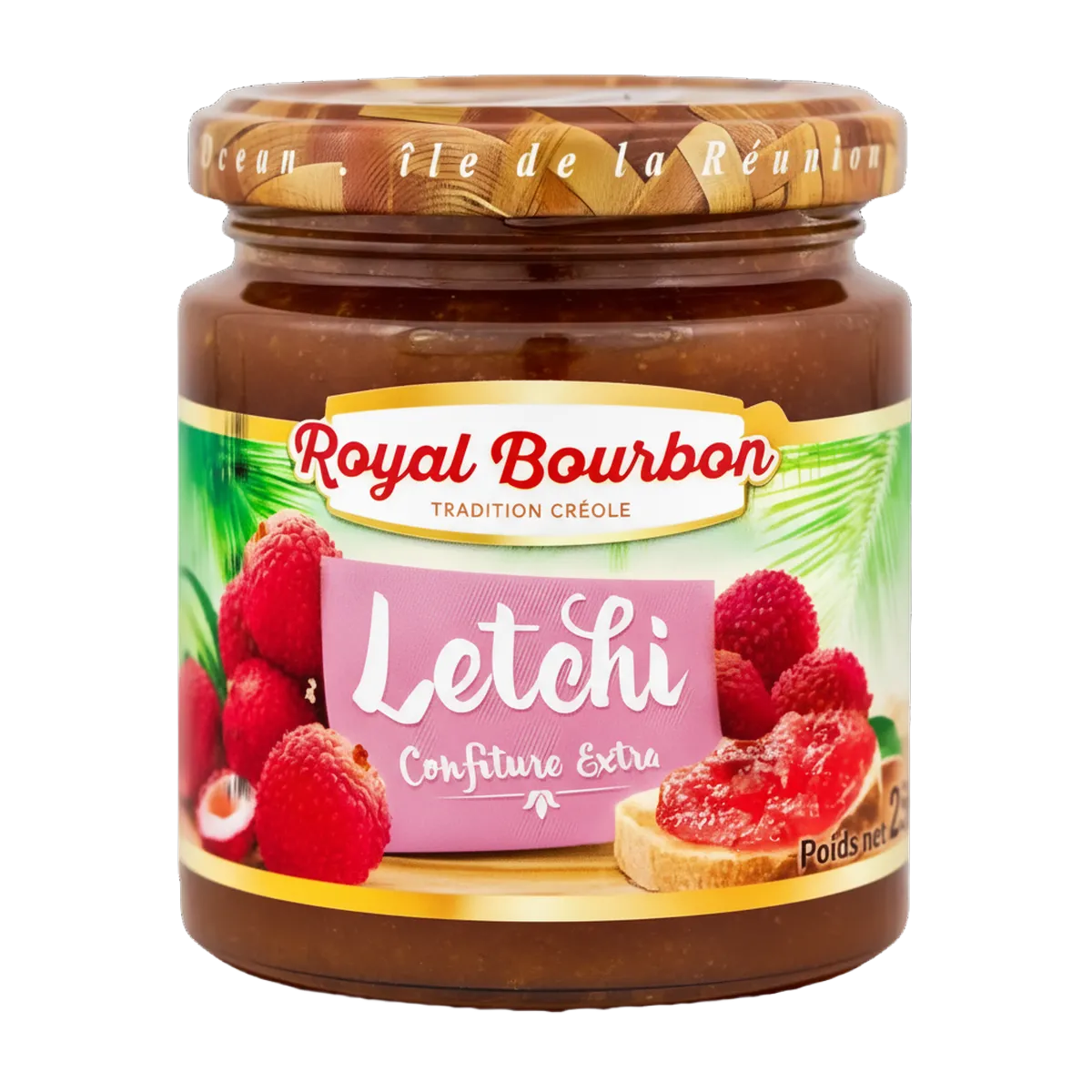 Pot de confiture de letchi ROYAL BOURBON - Goût Authentique, étiquette colorée avec fruits exotiques, gamme épicerie sucrée.