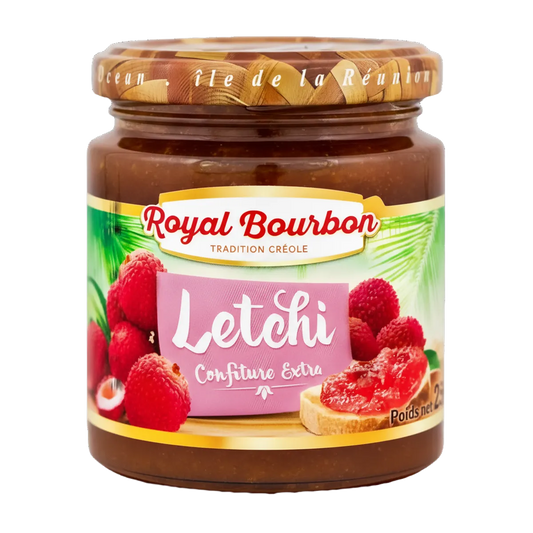 Pot de confiture de letchi ROYAL BOURBON - Goût Authentique, étiquette colorée avec fruits exotiques, gamme épicerie sucrée.