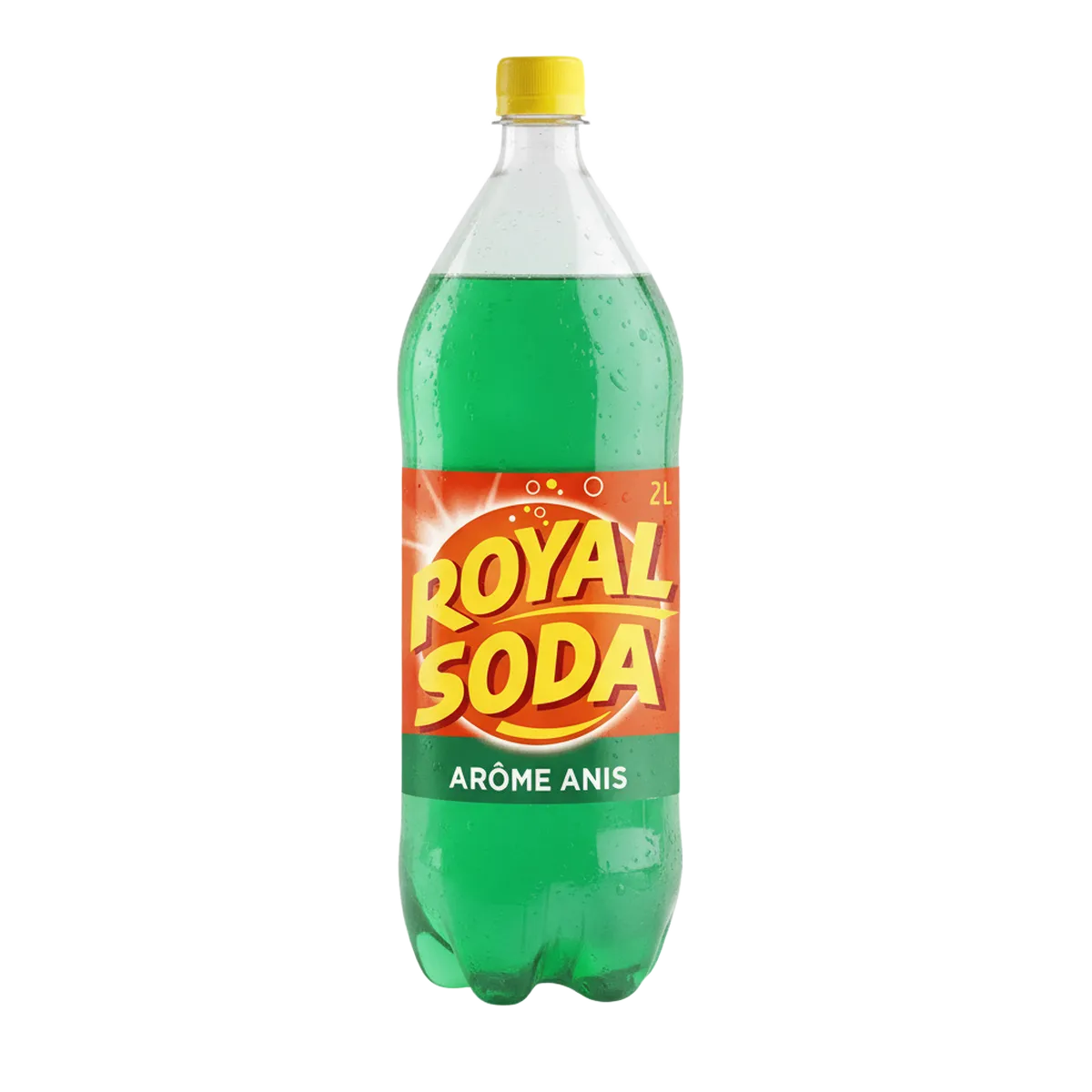 Bouteille de 2L de soda anis ROYAL SODA au design vert et orange, boisson gazeuse au goût d'anis distinctif. Idéal pour les amateurs de saveurs uniques.