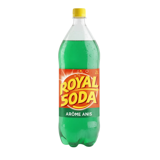 Bouteille de 2L de soda anis ROYAL SODA au design vert et orange, boisson gazeuse au goût d'anis distinctif. Idéal pour les amateurs de saveurs uniques.