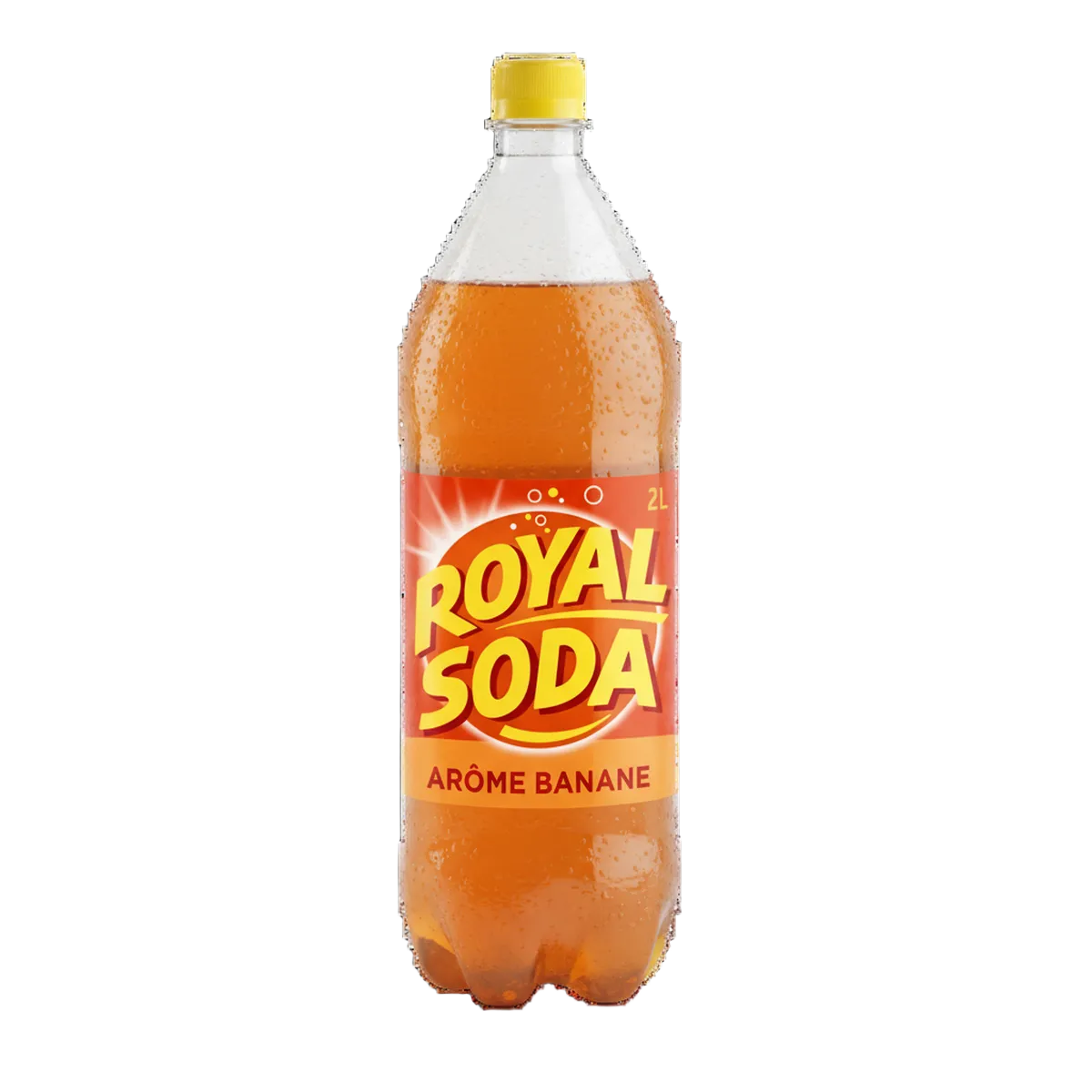 Bouteille de 2L de soda goût banane ROYAL SODA avec étiquette orange et jaune, boisson gazeuse rafraîchissante idéale pour l'été.