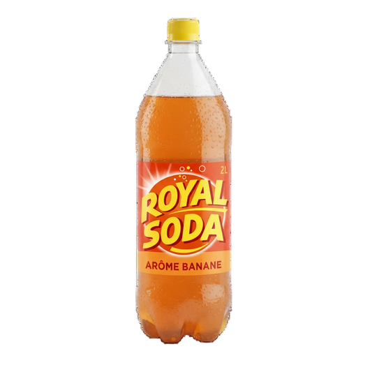 Bouteille de 2L de soda goût banane ROYAL SODA avec étiquette orange et jaune, boisson gazeuse rafraîchissante idéale pour l'été.
