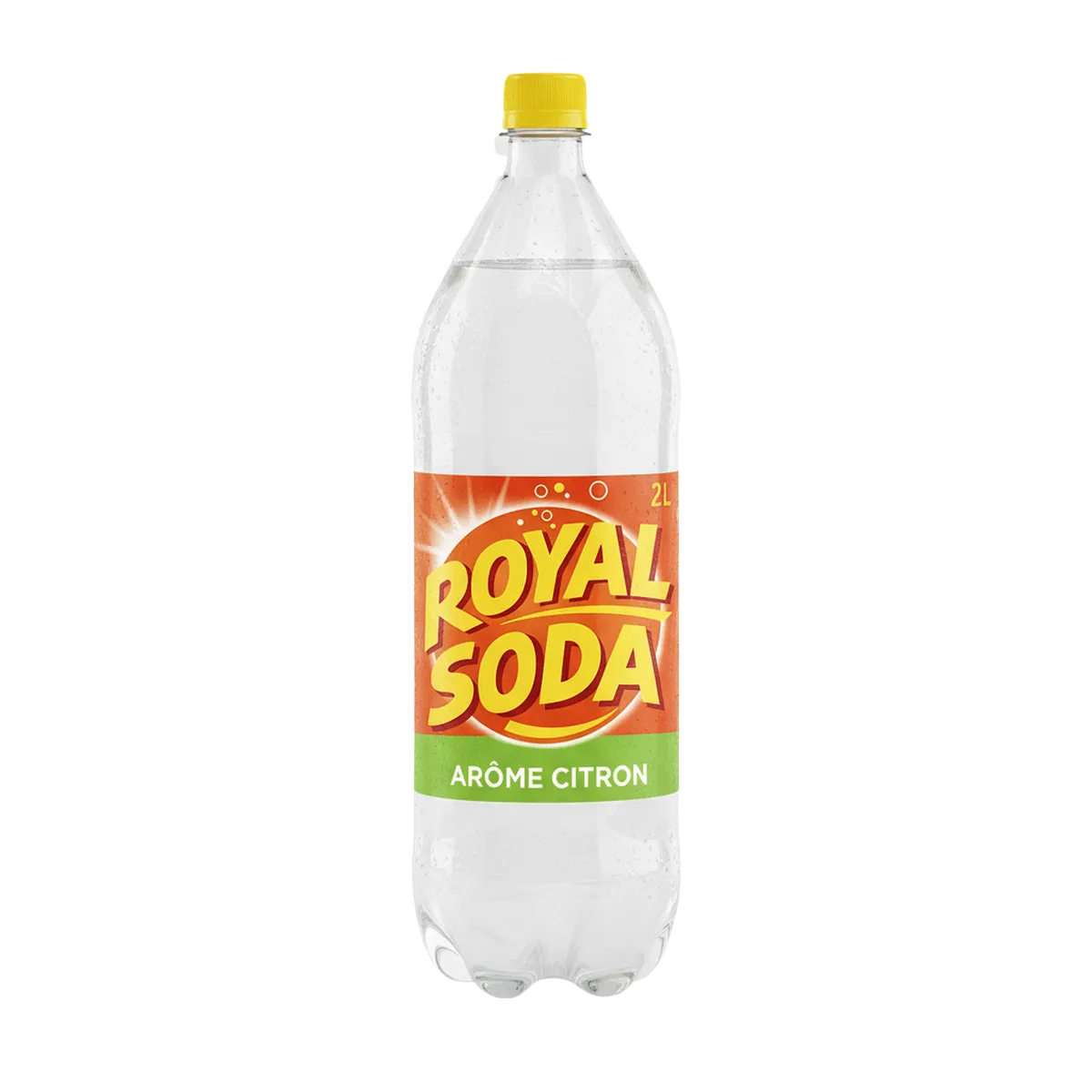 Bouteille de ROYAL SODA Citron 2L, soda pétillant au goût citronné, idéale pour une boisson rafraîchissante. Étiquette orange et verte distinctive.