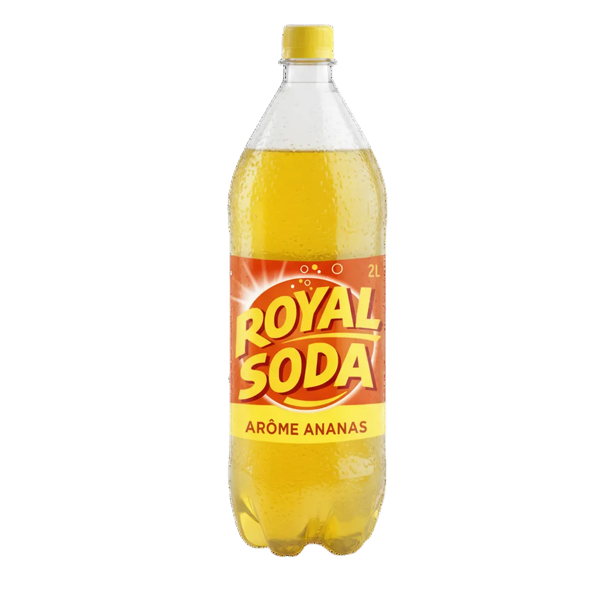 Bouteille de soda ananas tropical ROYAL SODA 2L, boisson gazeuse sucrée et fruitée idéale pour un rafraîchissement exotique.