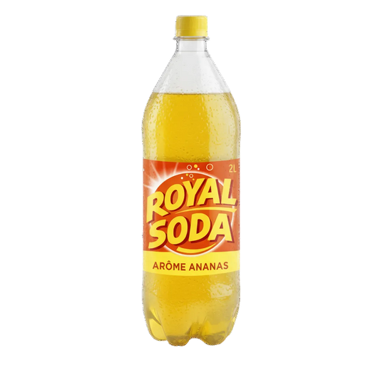 Bouteille de soda ananas tropical ROYAL SODA 2L, boisson gazeuse sucrée et fruitée idéale pour un rafraîchissement exotique.