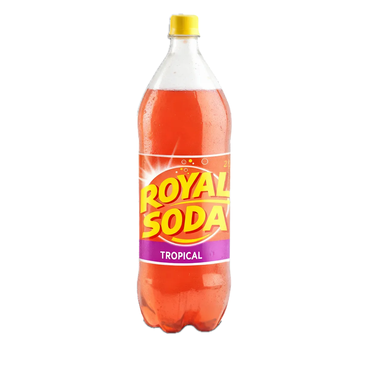 Bouteille de soda tropical pétillant ROYAL SODA 2L au goût exotique, idéale pour les amateurs de boissons rafraîchissantes fruitées.