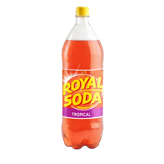 Bouteille de soda tropical pétillant ROYAL SODA 2L au goût exotique, idéale pour les amateurs de boissons rafraîchissantes fruitées.