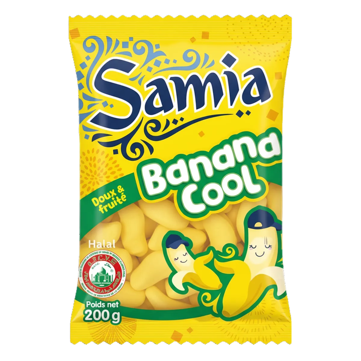 Bonbons Banane Halal - SAMIA en sachet de 200g, confiserie moelleuse à la saveur fruitée, certifiée halal, idéale pour l'épicerie sucrée.