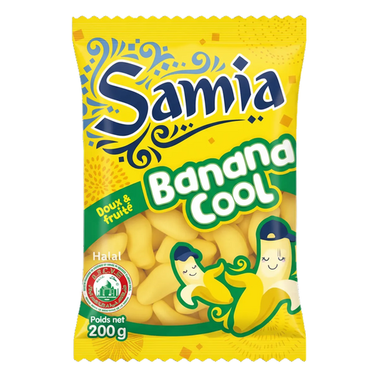 Bonbons Banane Halal - SAMIA en sachet de 200g, confiserie moelleuse à la saveur fruitée, certifiée halal, idéale pour l'épicerie sucrée.
