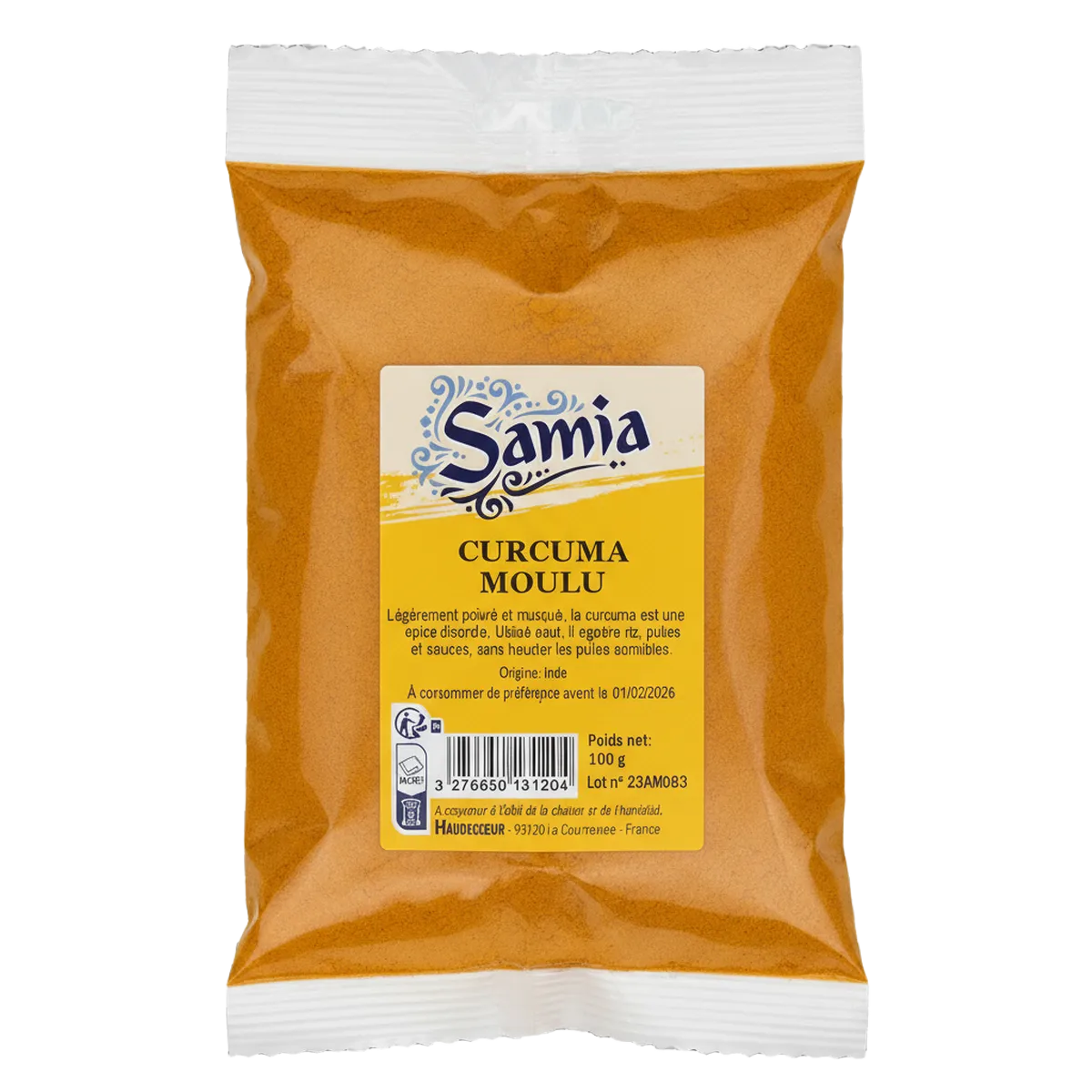 Curcuma moulu SAMIA en sachet de 100g, épice santé aux bienfaits reconnus, idéale pour assaisonner plats salés et recettes exotiques.