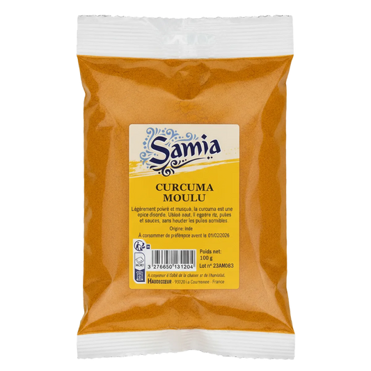 Curcuma moulu SAMIA en sachet de 100g, épice santé aux bienfaits reconnus, idéale pour assaisonner plats salés et recettes exotiques.