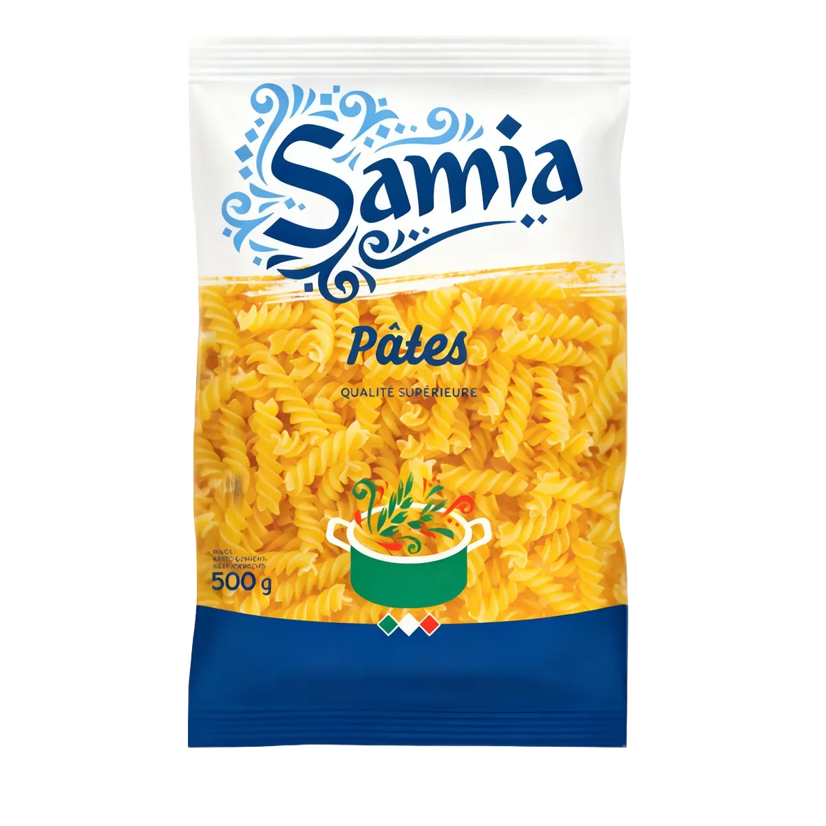 Pâtes fusilli n°65 SAMIA en sachet de 500g, qualité supérieure, parfaites pour retenir les sauces. Idéal pour les recettes d'épicerie salée.