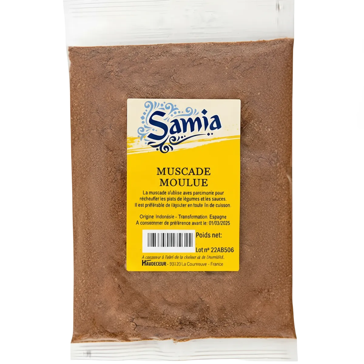 Muscade moulue BIO SAMIA en sachet transparent, épice idéale pour plats sucrés et salés. Épicerie salée pour cuisine naturelle et savoureuse.