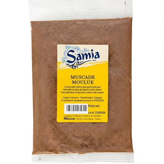 Muscade moulue BIO SAMIA en sachet transparent, épice idéale pour plats sucrés et salés. Épicerie salée pour cuisine naturelle et savoureuse.