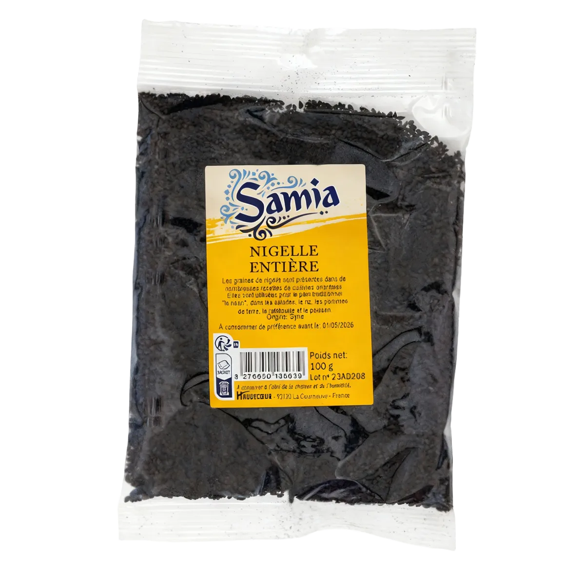 Nigelle Graines SAMIA - Graines de nigelle entières en sachet 100g, idéales pour assaisonnement culinaire et bienfaits nutritionnels.