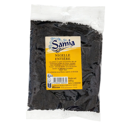 Nigelle Graines SAMIA - Graines de nigelle entières en sachet 100g, idéales pour assaisonnement culinaire et bienfaits nutritionnels.