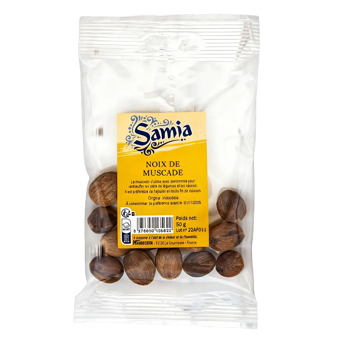 Noix de muscade SAMIA d'Indonésie en sachet transparent de 50g, épices entières idéales pour la cuisine traditionnelle et exotique.