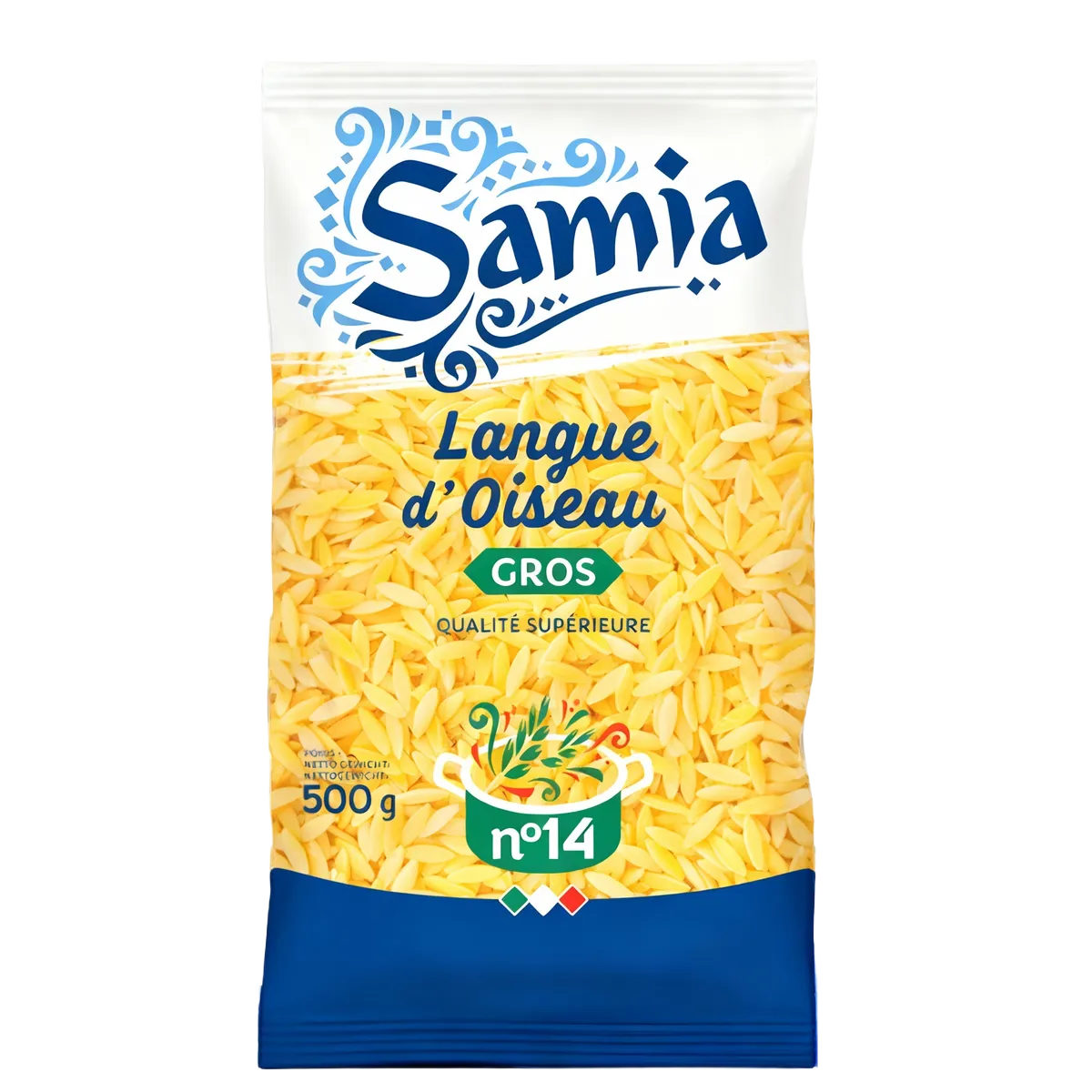 Pâtes langue oiseau SAMIA n°14 en sachet de 500g, format gros, idéales pour recettes créatives en épicerie salée. Qualité supérieure visible sur l'emballage.