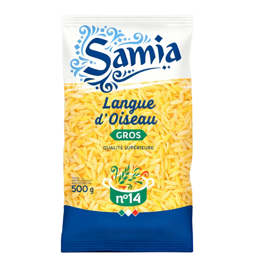 Pâtes langue oiseau SAMIA n°14 en sachet de 500g, format gros, idéales pour recettes créatives en épicerie salée. Qualité supérieure visible sur l'emballage.