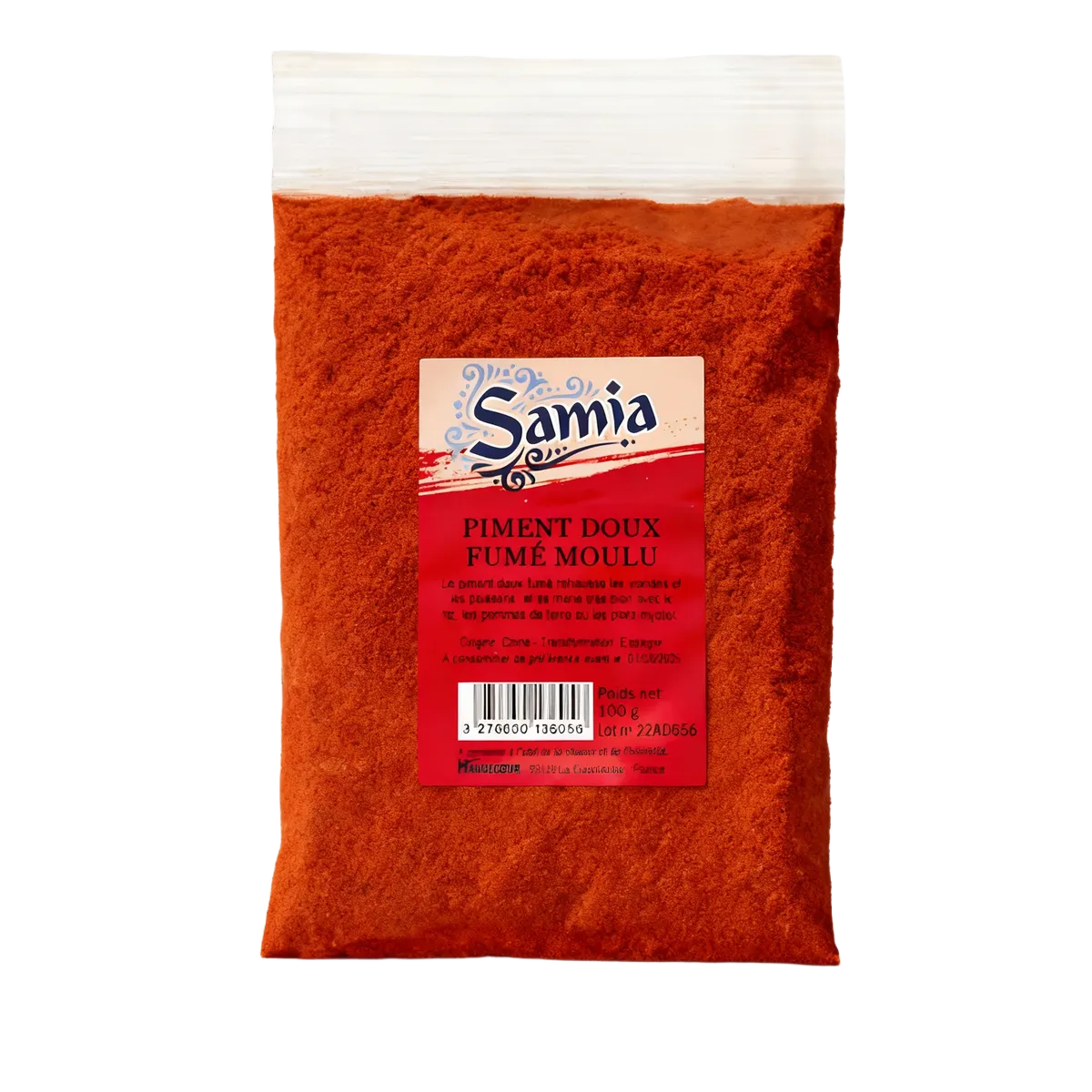 Piment doux fumé moulu SAMIA - Épice unique et savoureuse en sachet refermable, parfait pour l’assaisonnement culinaire en épicerie salée.