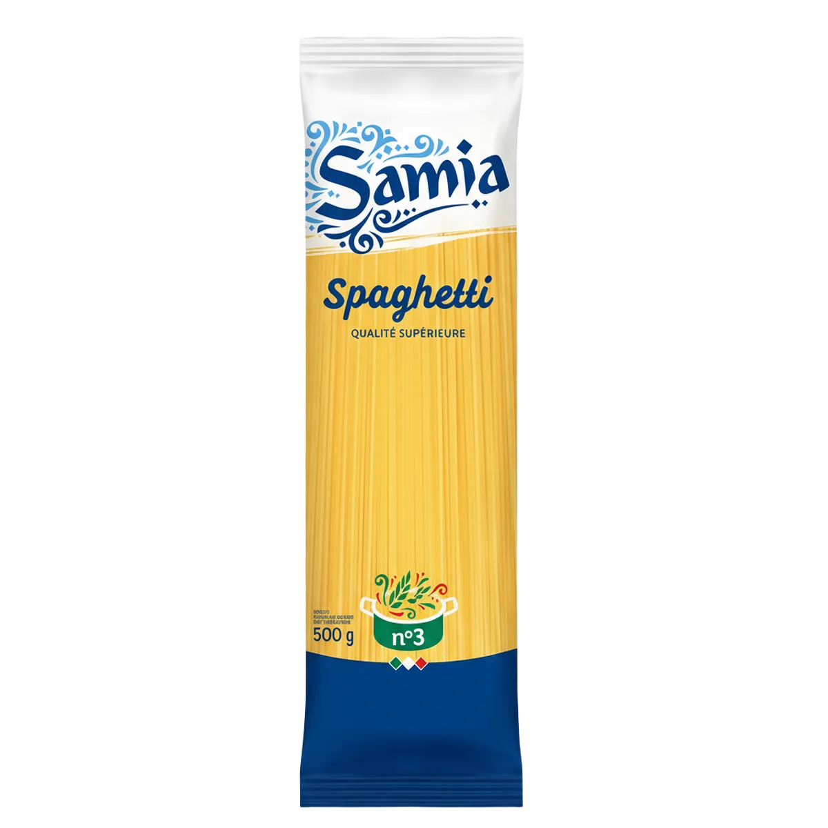 Pâtes spaghetti n°3 SAMIA 500g en emballage vertical, qualité supérieure à base de blé dur. Idéal pour des plats al dente savoureux.