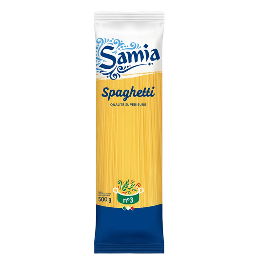 Pâtes spaghetti n°3 SAMIA 500g en emballage vertical, qualité supérieure à base de blé dur. Idéal pour des plats al dente savoureux.